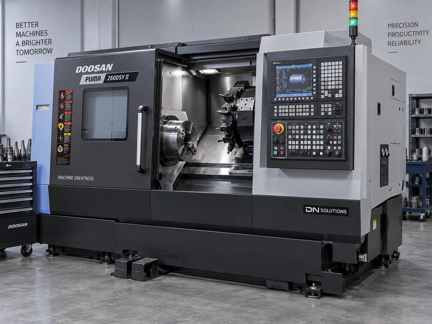 Doosan Puma CNC torna tezgahı, kapağı açık halde taret ve ayna görünümü