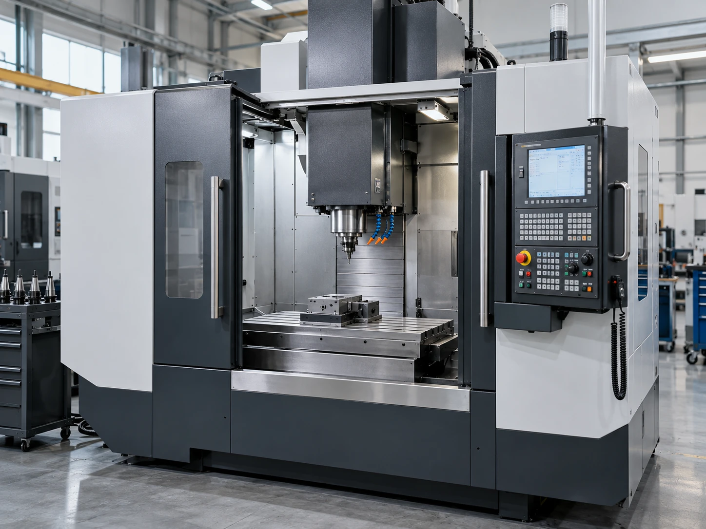 Aydınlık modern bir atölyede kapağı açık CNC dik işleme merkezi (VMC), önde takım tutucu rafı