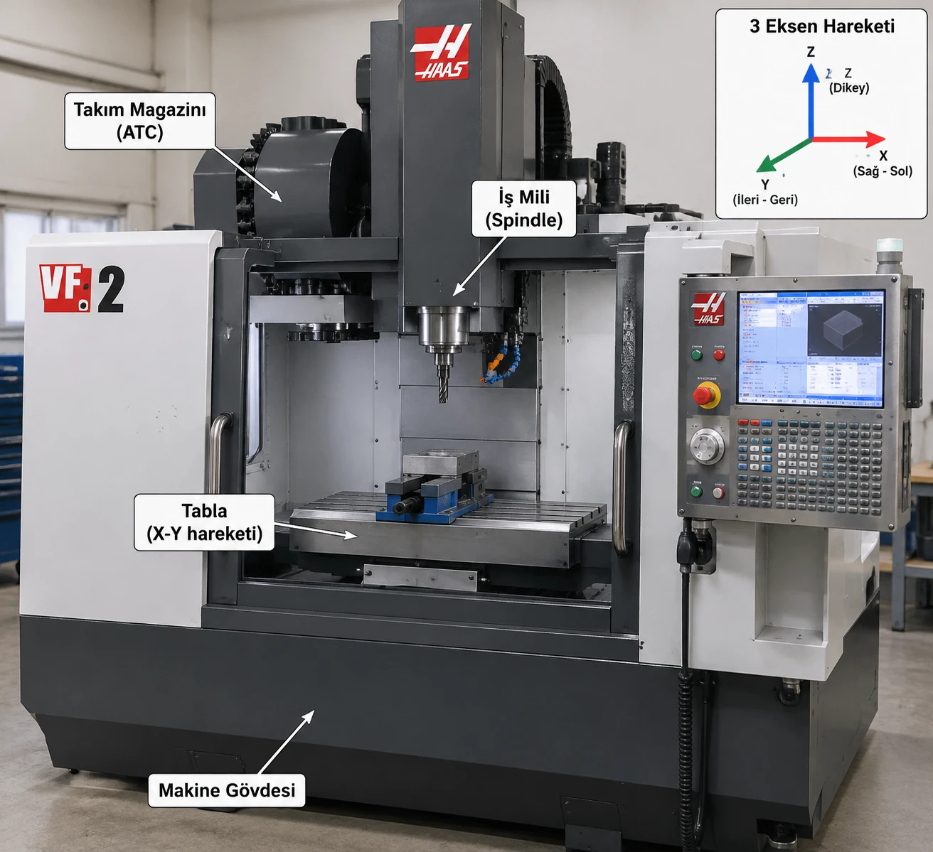 Haas VF-2 freze tezgahı üzerinde Türkçe etiketlerle işaretlenmiş takım magazini (ATC), iş mili, tabla ve 3 eksen (X/Y/Z) hareket şeması