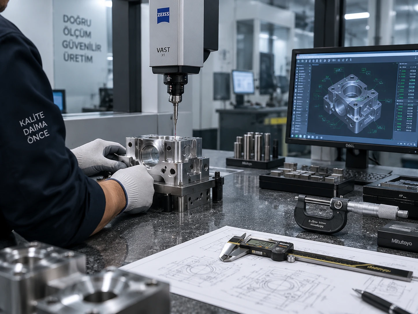 Zeiss CMM koordinat ölçüm cihazı hassas işlenmiş bir metal bloğu ölçerken, tezgah üzerinde teknik resim, kumpas ve mikrometre