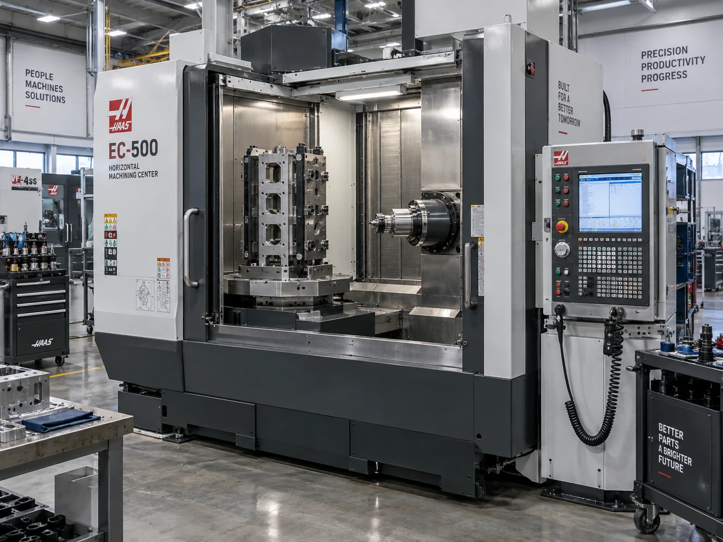 Haas EC-500 yatay işleme merkezi, çoklu parça bağlama aparatı yüklenmiş halde